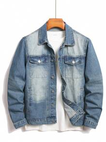 Manfinity Homme Chaqueta informal de mezclilla de manga larga y un solo abotonado con bolsillo para hombre en otoño - Azul lavado medio - Ver 1