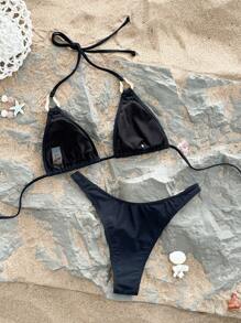Triangle Cup Backless Spaghetti Strap Women Swimwear Set Summer - Black - View 6