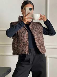 DAZY 女士豹纹印花拉链前背心绗缝夹克，冬季女装，女士冬季外套 - 咖啡棕 - 查看 3