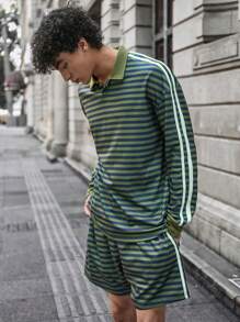 Manfinity VCAY Bộ 2 áo thun polo dệt kim dài tay kẻ sọc đơn giản cho nam và quần short cạp chun - màu xanh lá - Xem 5