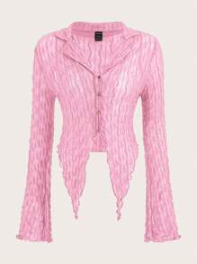 SHEIN ICON Women's Solid Color Ruffle Collar Long Sleeve Single-Breasted Blouse For Autumn - Pink - View 1