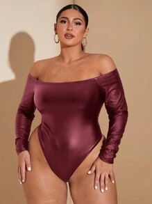SHEIN BAE 大码女式优雅性感露肩紧身衣，舒适 PU 皮革长袖，适合约会、万圣节派对、夜店穿着，百搭 - 酒紅色 - 查看 2