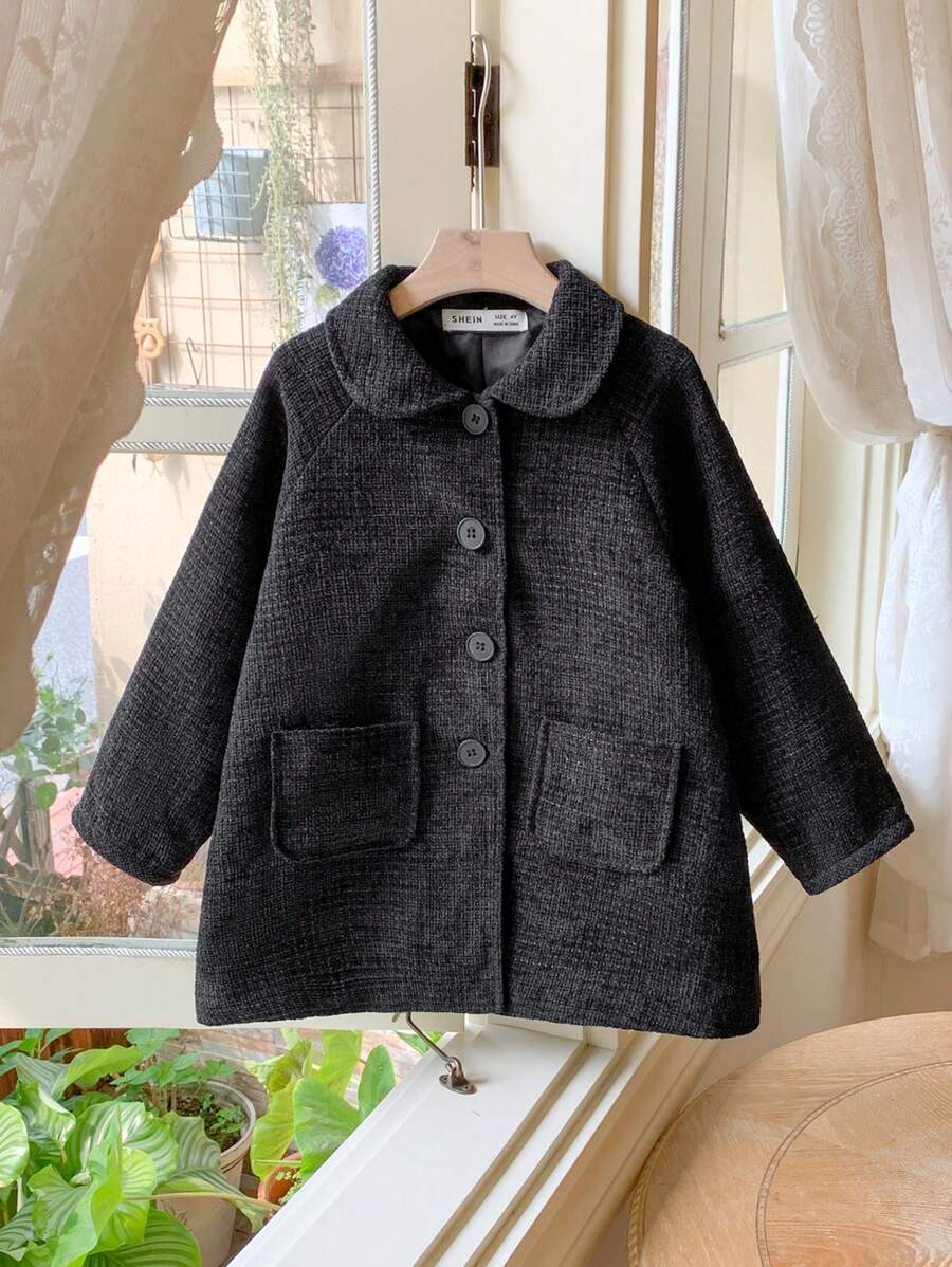 Blossori 法式优雅黑色编织宽松A字立领大衣，秋冬 - 黑色 - 查看 1