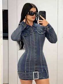 SHEIN ICON Damska, modna, swobodna, zapinana na zamek mini sukienka jeansowa, jesień