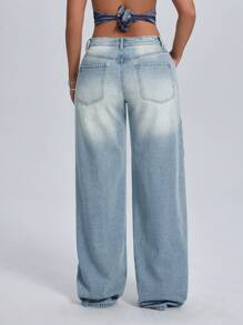 Jeanoix 女式前扣口袋休闲牛仔长裤，适合日常穿着，低腰直筒宽松牛仔裤 - 淺色水洗藍 - 查看 2