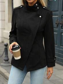 SHEIN LUNE 女式拉链立领收腰长袖夹克，秋冬款 - 黑色 - 查看 5