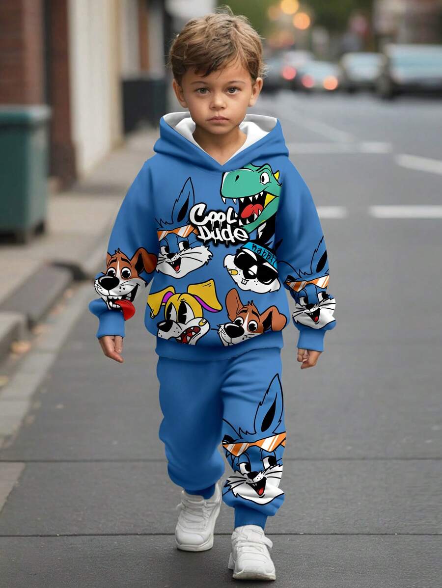 SHEIN Leap Crew 2 件套年轻男孩卡通动物运动图案宽松休闲套头连帽运动衫，舒适合身，适合秋冬季