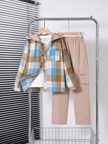 SHEIN Conjunto De 2 Peças De Jaqueta Xadrez Com Capuz E Calça Casual Decorada Com Bolso Para Meninos Com Idade De Transição