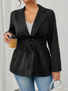 SHEIN Frenchy Plus Size Women Solid Color Stand Collar Long Sleeve Tie Waist Casual Jacket, Autumn