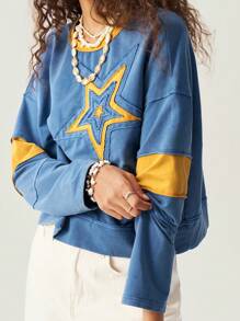 Bohemela Casual Color Block Crew Neck Drop Shoulder Long Sleeve Loose Cropped Women Sweatshirt In Fall/Winter - Multicolor - View 3