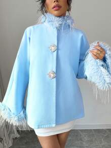 Elenzga Women's Collar Flare Sleeve Rhinestone Button Tweed Coat - Baby Blue - View 4