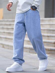 Manfinity Homme 大码男士休闲直筒宽松口袋牛仔裤，纯色长款水洗宽松浅蓝色工装牛仔裤，适合送给丈夫、男朋友的礼物 - 淺色水洗藍 - 查看 1