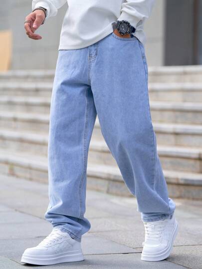 Manfinity Homme Plus Size Herr Casual Raka Ben Loose Fit Pocket Jeans, Vanliga Långtvättade Baggy Ljusblå Cargo Jeans, Till Maken, Pojkvänspresenter