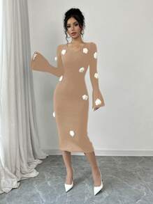 Elenzga Damen 3D Blumendekoration V-Ausschnitt Langarm figurbetonte elegante Pulloverkleid, Herbst/Winter - Kamelfarben - Übersicht 4
