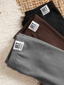 SHEIN LMoss Kids LMoss Buy 1 Get 2 Young Girl Solid Color Letter Pattern Fitted Casual Leggings - Brown - View 4