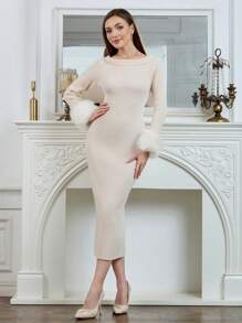 Modelyn 1 件露肩长袖紧身针织连衣裙 - 杏色 - 查看 5