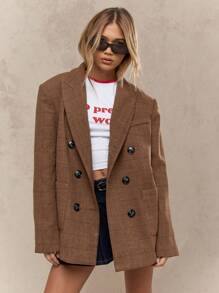 MISSGUIDED Plaid Check Wool Blend Oversized Double Breasted Blazer Herringbone Office Business Casual Professional Winter Autumn Fall