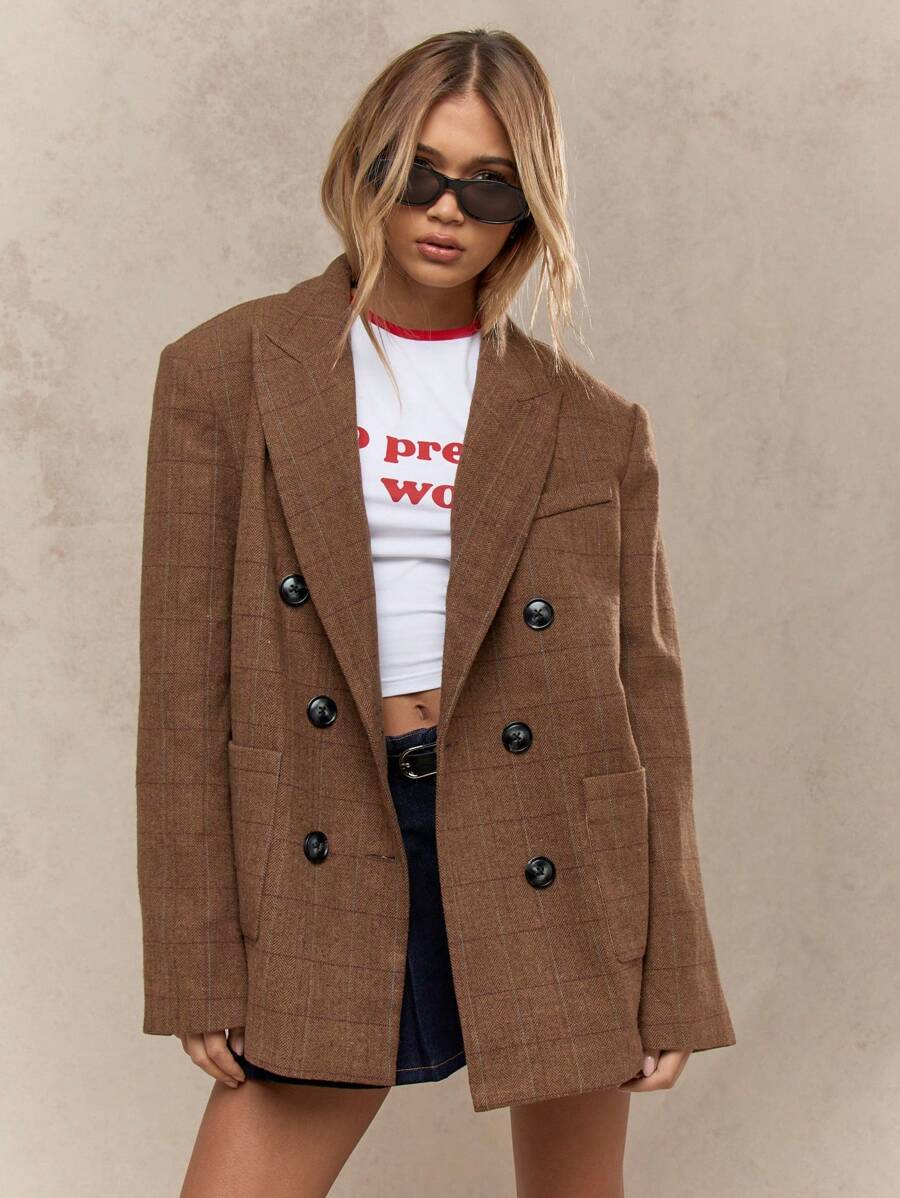 MISSGUIDED Plaid Check Wool Blend Oversized Double Breasted Blazer Herringbone Office Business Casual Professional Winter Autumn Fall