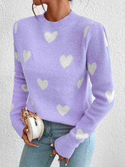 Chiquease Valentine's Day Heart Jacquard Crew Neck Casual Long Sleeve Women Sweater, Autumn/Winter Knit Pullover Fall