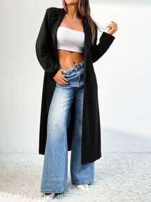 Chiquease 1 件女式宽松黑色长款绒面革外套，高端休闲外套 - 黑色 - 查看 6