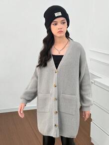 Tween Girl 休闲文字标语 BONSTON 印花宽松落肩泡泡袖后背印花口袋针织开衫，适合秋冬休闲搭配 - 淺灰色 - 查看 2