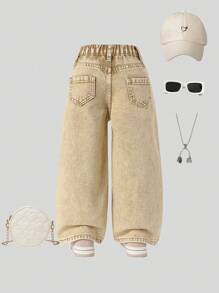 Pantalones informales para niña de lavado de tono claro con cintura completamente elástica, parche con bordado de corazón y piernas anchas con bolsillos planos, el mejor conjunto de moda diaria