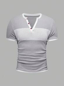 Manfinity Homme Men's Contrast Color V-Neck Button Front Summer Short Sleeve Casual T-Shirt