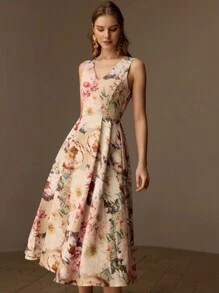 MOTF PREMIUM 花卉印花 V 领喇叭下摆中长连衣裙（无腰带）女士服装