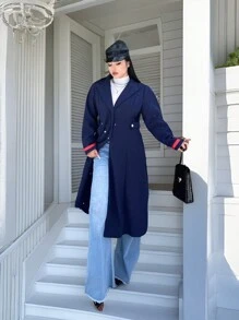 SHEIN Unity 大码纯色单排扣大衣，适合日常秋冬季休闲装 - 藏蓝色 - 查看 3