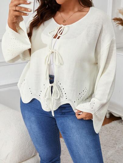 SHEIN VCAY كارديجان كاجوال فاضفاض مربوط من الأمام مقاسات كبيرة، مناسب للخريف والشتاء