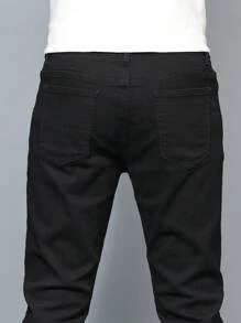 Manfinity Homme Plus Size Men Fashion Casual Versatile Slant Pocket Denim Jeans, Slim Fit Dark Jeans Long Plain Black Washed Cargo Jeans, For Husband, Boyfriend Gifts