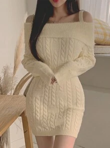 DAZY Women Fluffy Off Shoulder Strap Long Sleeve Bodycon Sweater Dress, Warm And Cozy
