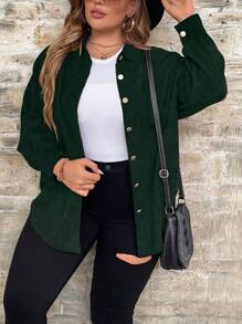 SHEIN LUNE Áo sơ mi thường ngày tay dài màu trơn cỡ lớn cho nữ, mùa thu, đơn hàng khuy - Màu xanh lá cây đậm - Xem 4