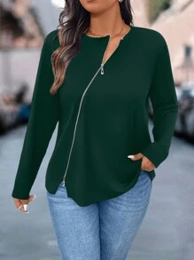 SHEIN LUNE 大码女式前拉链长袖纯色休闲 T 恤 - 墨綠色 - 查看 4