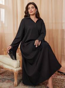 Al Najma Plus Size Arabic Style Lapel Collar Long Dress, Modest Elegant Abaya Arabian Dresses, For Casual Daily - Black - View 1