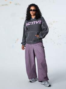 SHEIN Sports Farbblock Buchstaben Muster Thermisch gefütterte Sport Sweatshirt - Dunkelgrau - Übersicht 6