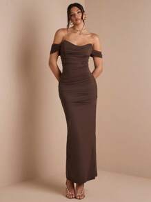 SHEIN BAE Solid Color Khaki Brown Ruched Wrap Dress With Sleeves, Suitable For Layering In Autumn/Winter, Cocktail Party, Romantic Date, Formal Gathering, Wedding Bridesmaid, Evening Out, Halloween, Christmas
