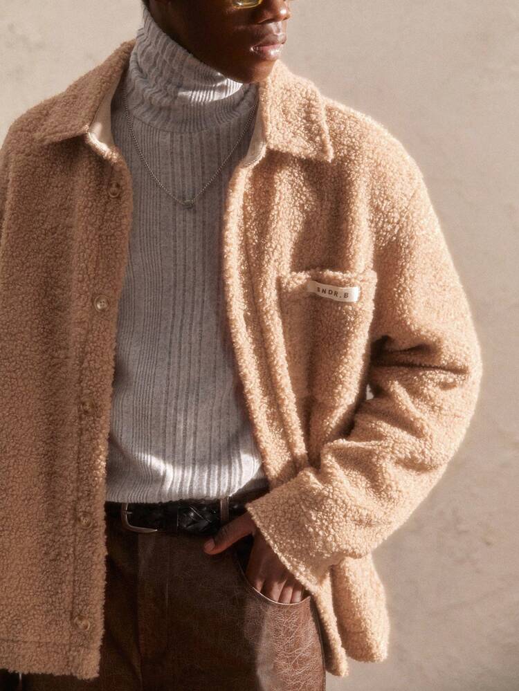 Men's Khaki Knit Fluffy Loose Drop Shoulder Turndown Collar Open Front Jacket For Autumn/Winter, Contrast Color Letter Strap Warm Outerwear, Vacation Long Sleeve Lightweight Jacket, For Friends, Husband, Boyfriend Gifts