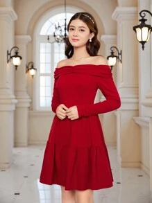 1 pezzo Abito lungo a maniche lunghe e spalle scoperte per ragazze giovani/adolescenti, design dolce ed elegante, adatto per l'autunno, per Natale - Bordò - Visualizzare 3
