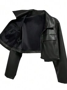 Calvaya Plus Flap Detail PU Leather Jacket, For Winter - Black - View 6