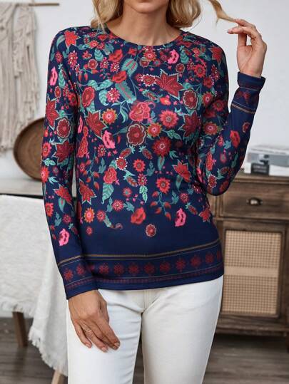 EMERY ROSE Women's Casual Vintage Floral Print T-Shirt, Autumn