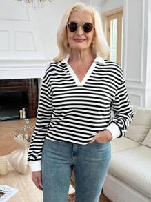 EMERY ROSE Autumn/Winter New Contrast Color Collar Loose Long Sleeve Stripe Women Sweatshirt