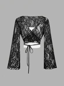 SHEIN MOD 女式撞色深 V 领交叉裹身优雅长袖蕾丝上衣，女装，早午餐女装，女巫服装，僵尸新娘 - 黑色 - 查看 1