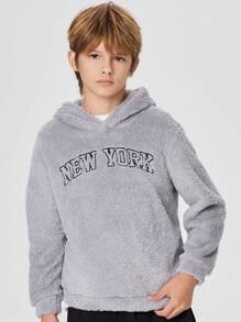 SHEIN Leap Crew Tween Boy Letter Embroidery Drop Shoulder Teddy Hoodie,In Fall/Winter - Grey - View 1