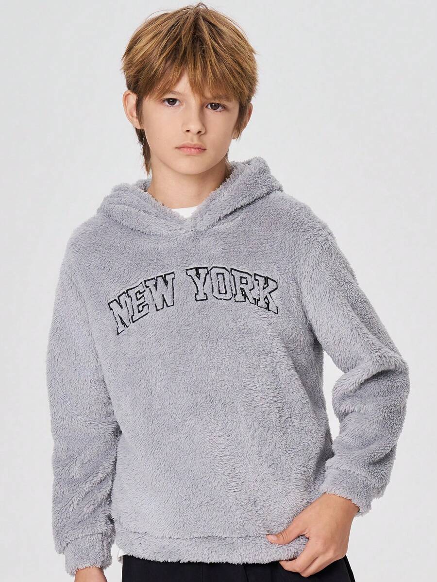 SHEIN Leap Crew Tween Boy Letter Embroidery Drop Shoulder Teddy Hoodie,In Fall/Winter - Grey - View 1
