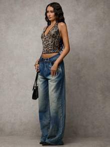 SHEIN BAE Women Halter Neck Backless Sequined Leopard Print Tank Top,Suitable For Parties Holiday ,New Years Eve Outfit,Christmas Party Women Top,Cheetah Print