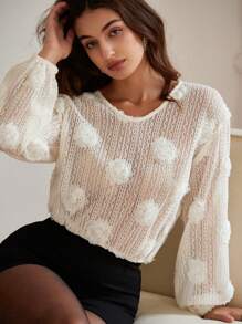 EMERY ROSE Áo cánh hoa họa tiết cổ chữ V dài tay cho nữ, trang phục dự tiệc mùa thu/đông dễ thương, áo sơ mi vui nhộn - trắng - Xem 6