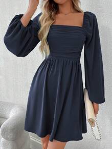 EMERY ROSE Vestido casual de manga farol de unicolor para mujer, otoño - Azul Marino - Ver 4