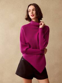 MOTF PREMIUM SOLID HIGH NECK ASYMMETRICAL HEM SWEATER - Hot Pink - View 8