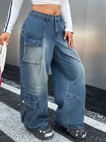 SHEIN ICON 大码女式街头风格性感修身蓝色直筒工装牛仔裤